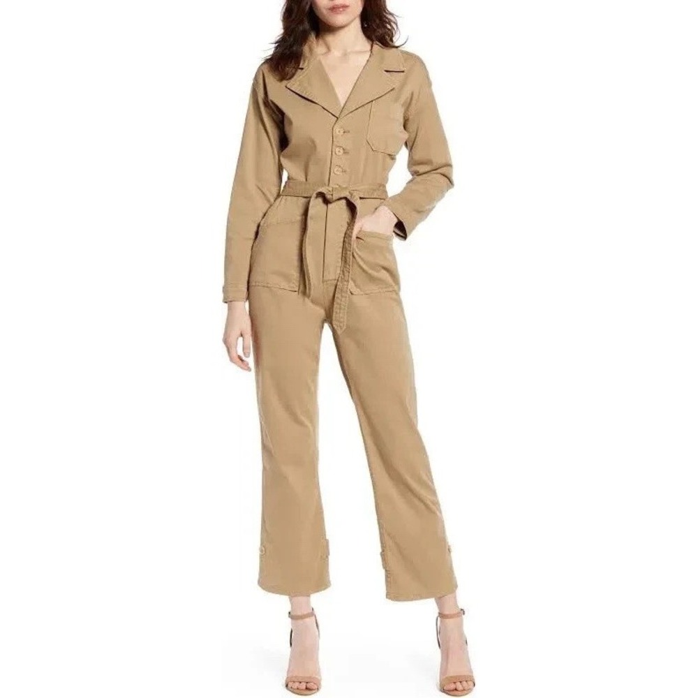 Good American Khaki Tan Jumpsuit, Women's Size 4 L/XL, Long Sleeve, Cropped